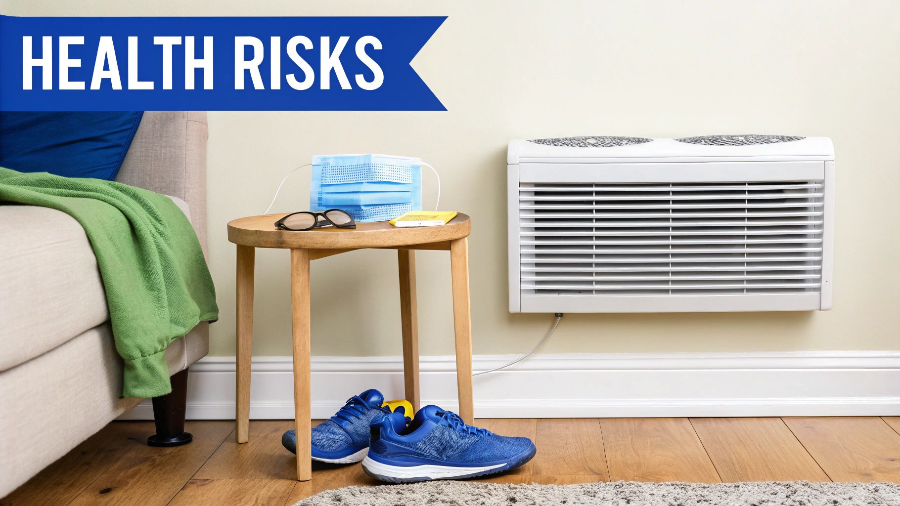 A room with a 'HEALTH RISKS' banner, a sofa, a table with masks, and a wall heater.
