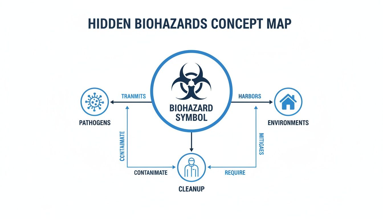 A concept map illustrating hidden biohazards, showing their transmission, harboring, and the need for cleanup.