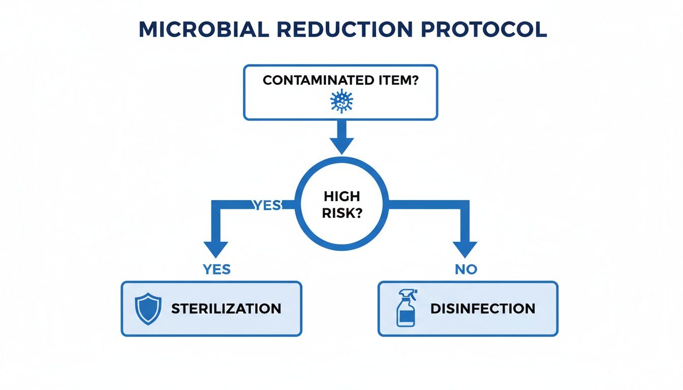 A flowchart detailing a microbial reduction protocol, showing the decision process for sterilizing high-risk items or disinfecting low-risk contaminated items.