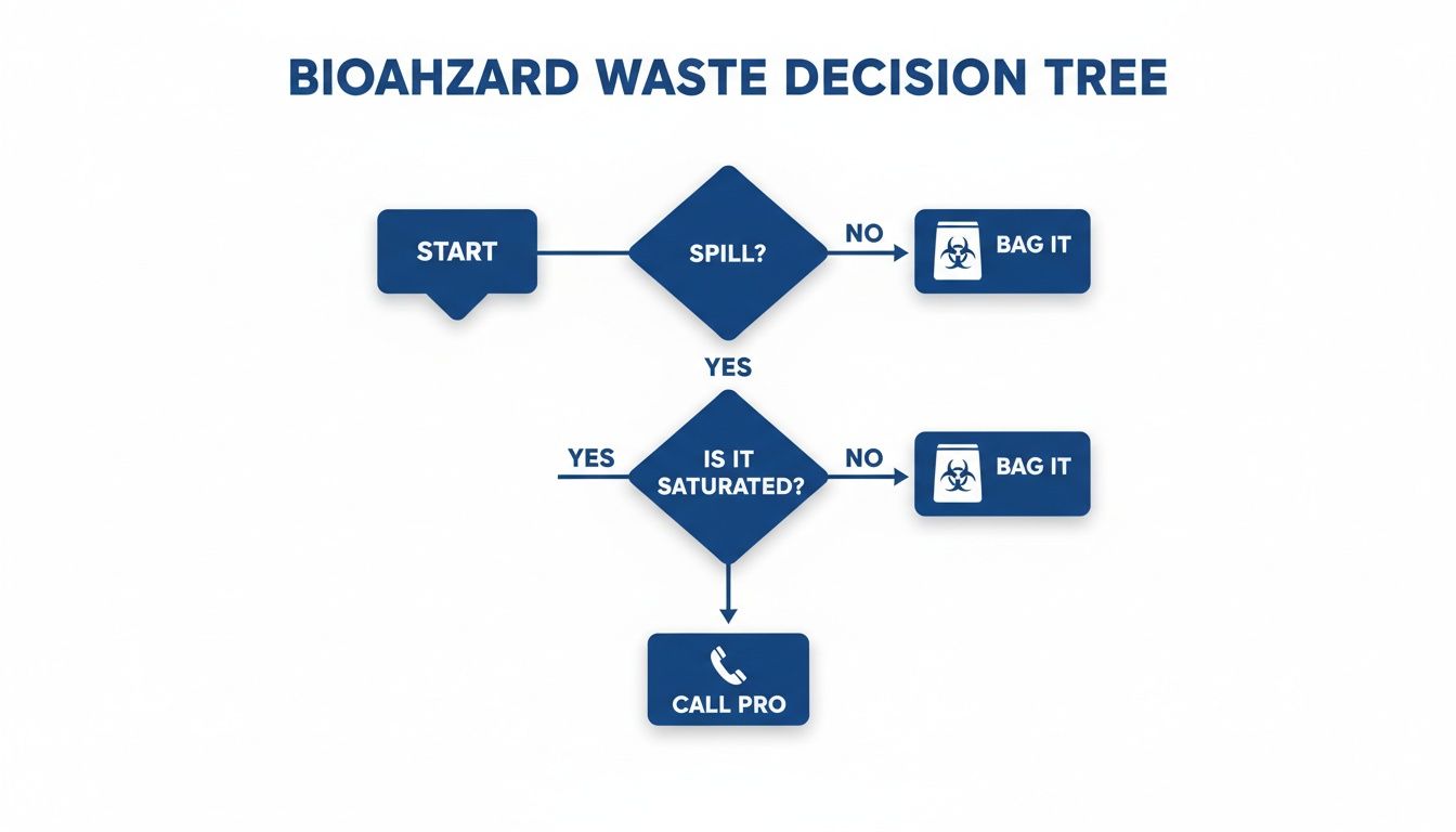 A flowchart titled 'BIOHAZARD WASTE DECISION TREE' outlining steps for managing biohazard waste.