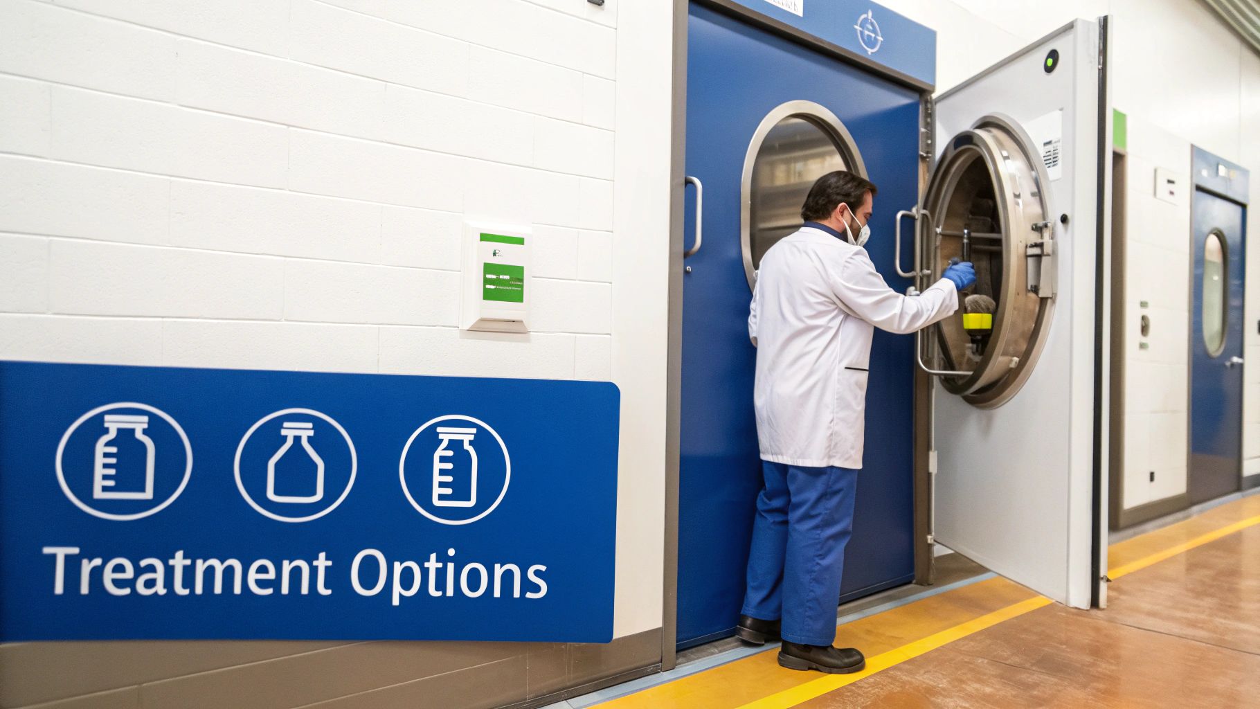 A masked scientist in a lab coat loads samples into a large machine in a research facility.