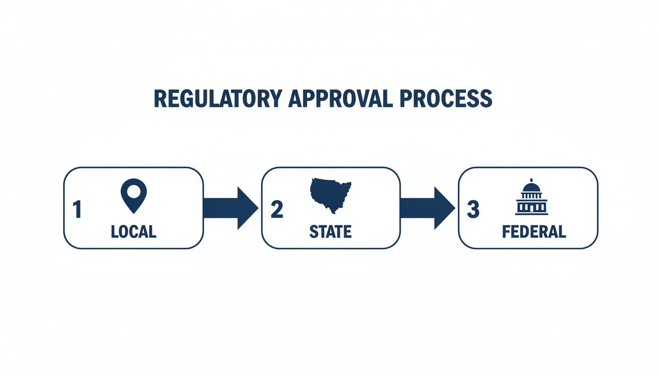 A diagram illustrating the three-step regulatory approval process: Local, State, and Federal.