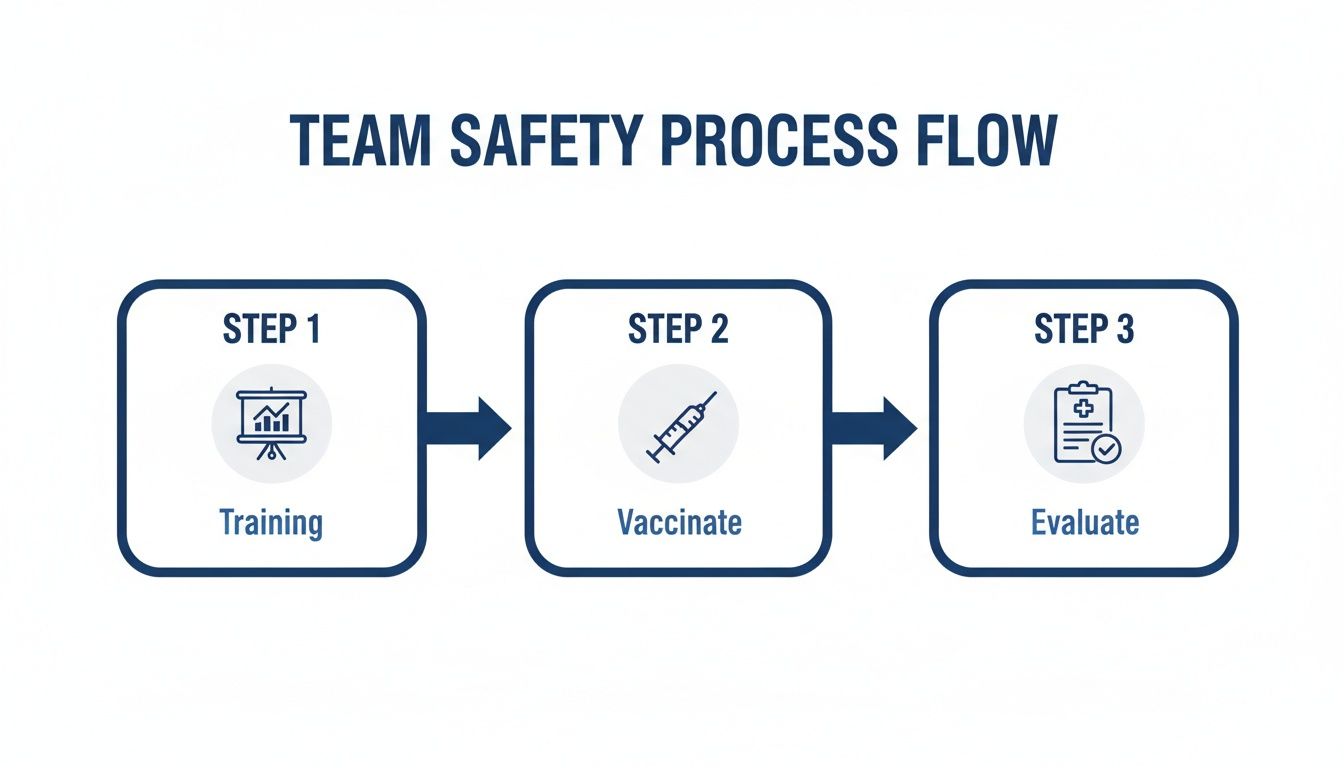 A three-step team safety process flow showing training, vaccination, and evaluation for prevention.