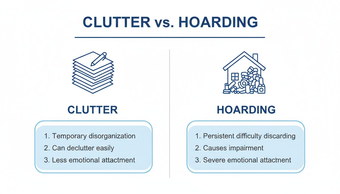 A comparison chart illustrating the key differences between clutter and hoarding with icons.
