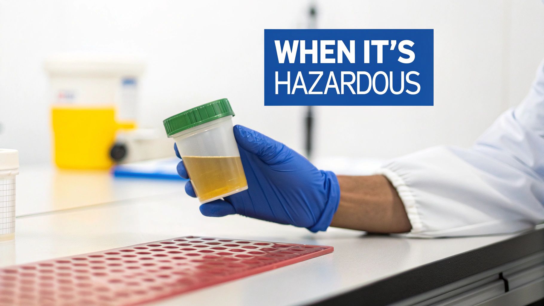 A gloved hand in a lab coat holds a urine sample cup, with text 'WHEN IT'S HAZARDOUS'.