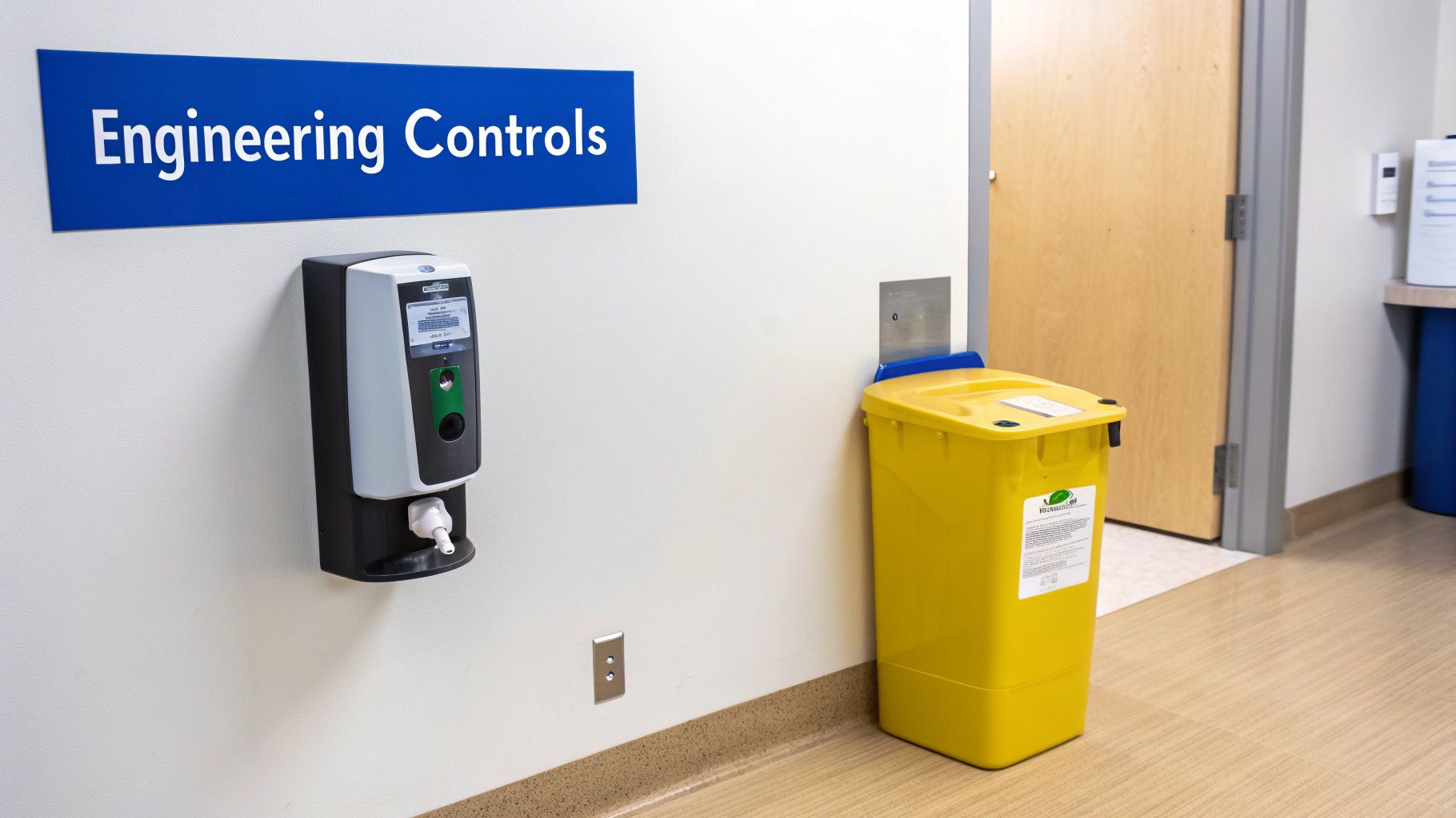 A medical facility hallway with a hand sanitizer dispenser, a yellow biohazard bin, and an 'Engineering Controls' sign.