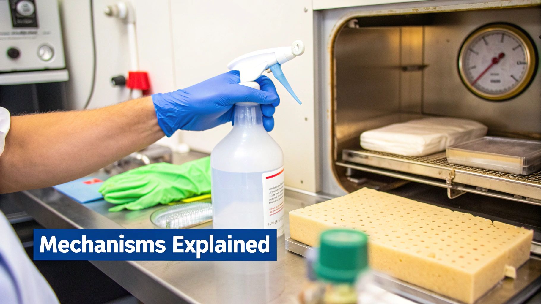 A person in blue gloves sprays a bottle in a laboratory next to an open sterilizer.
