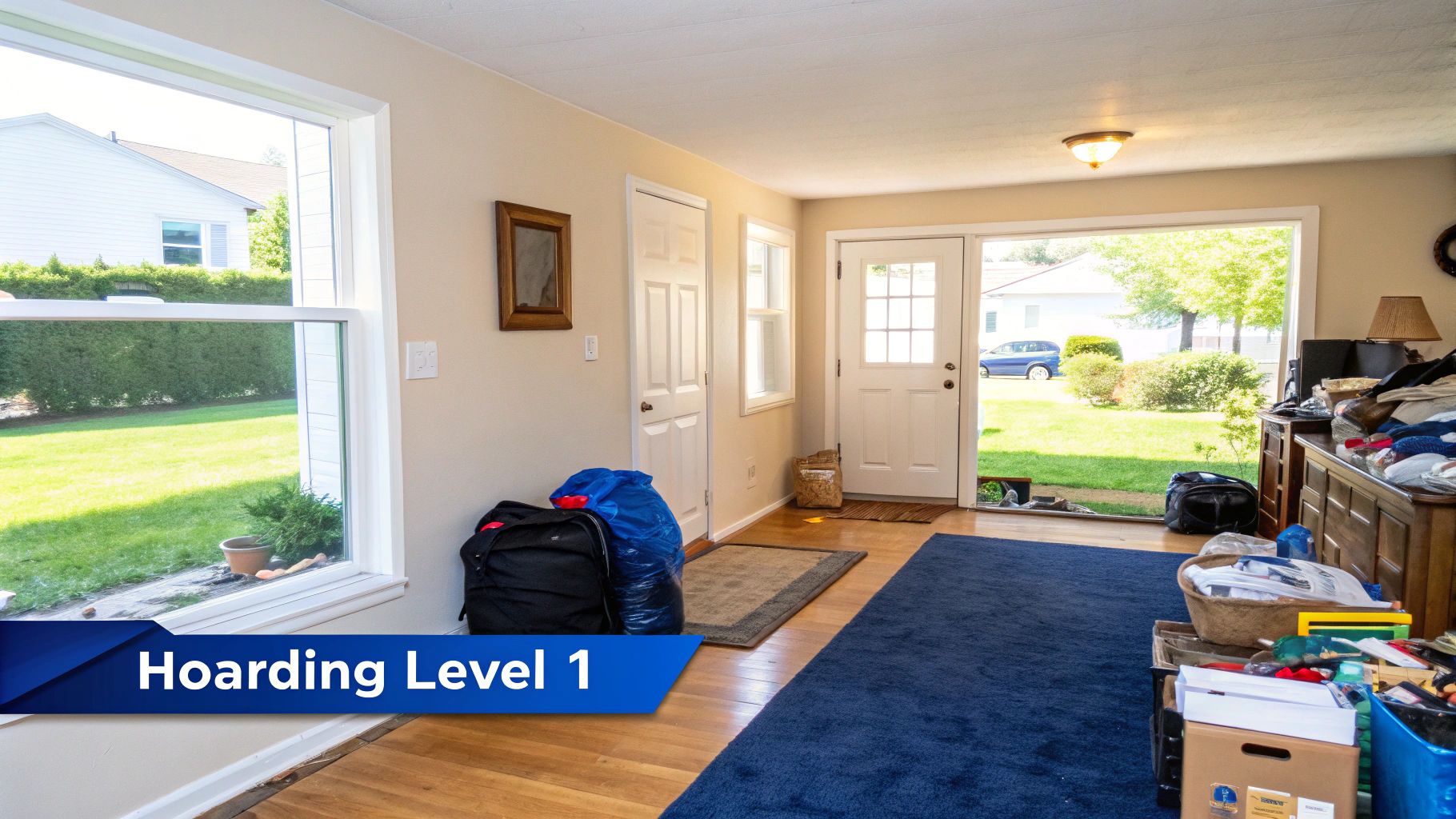 A room with some clutter, including bags near a door and items on a dresser, indicating Hoarding Level 1.