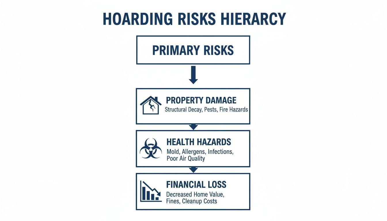 A diagram illustrating the primary risks associated with hoarding: property damage, health hazards, and financial loss.