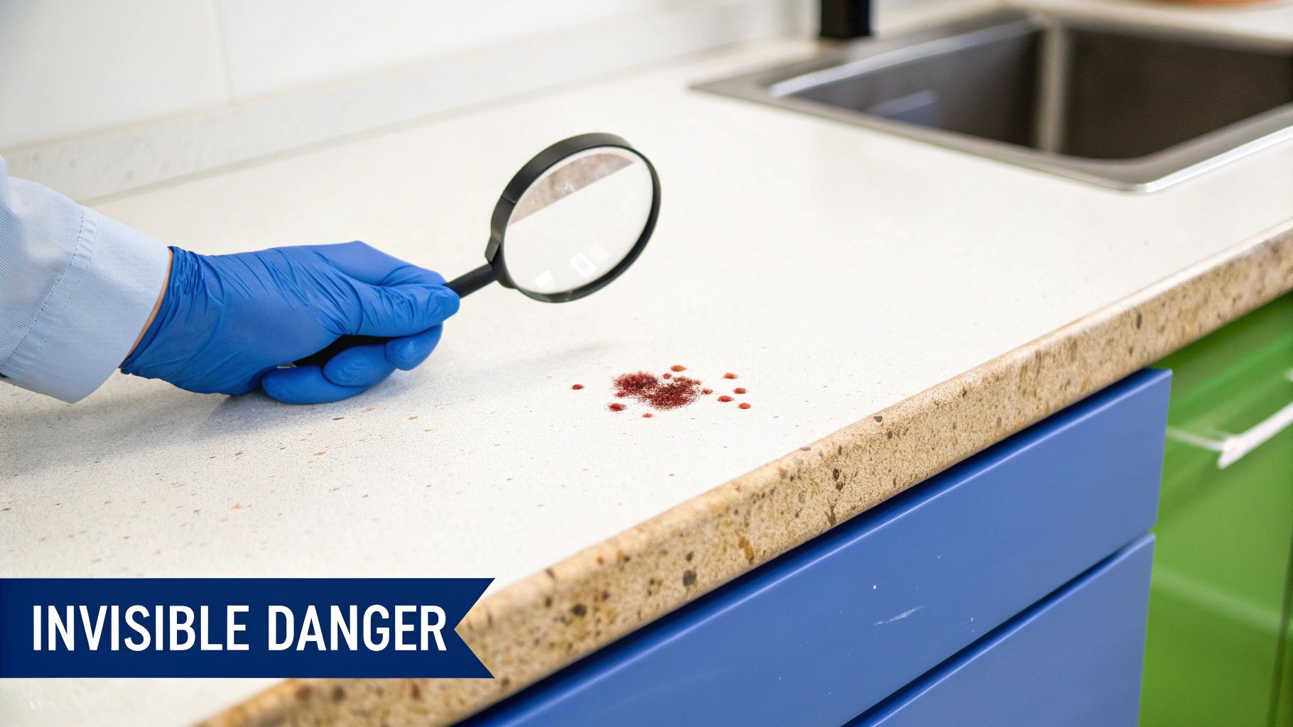 A person in blue gloves examines a red liquid spill on a white countertop with a magnifying glass.