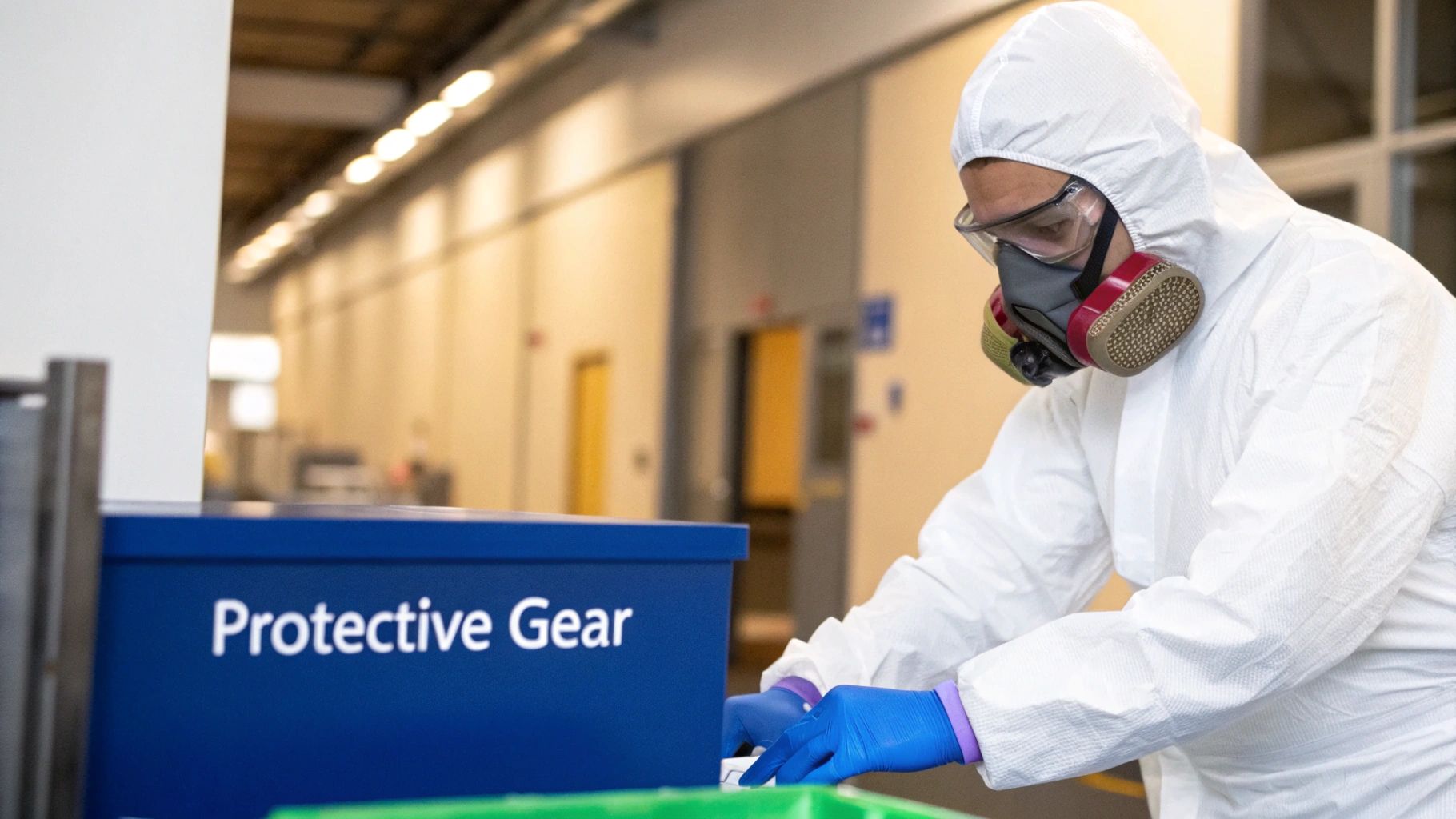 Person in hazmat suit, respirator, and goggles handles items from a 'Protective Gear' bin.