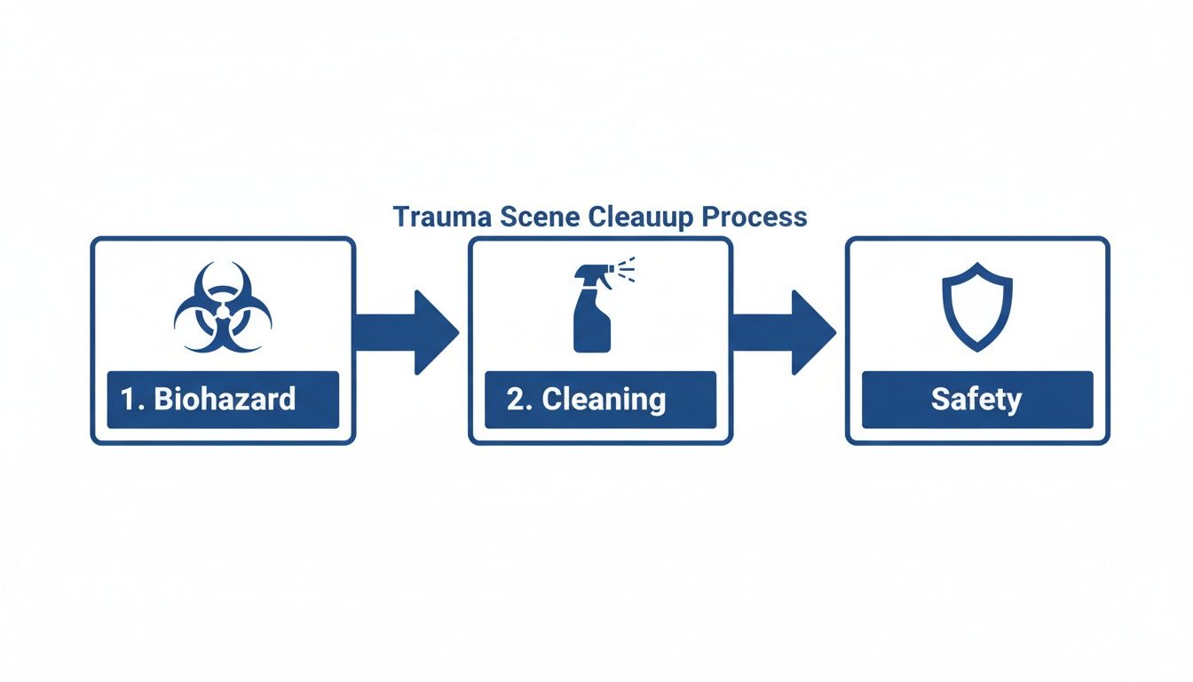 Flowchart illustrating the trauma scene cleanup process, including biohazard, cleaning, and safety steps.