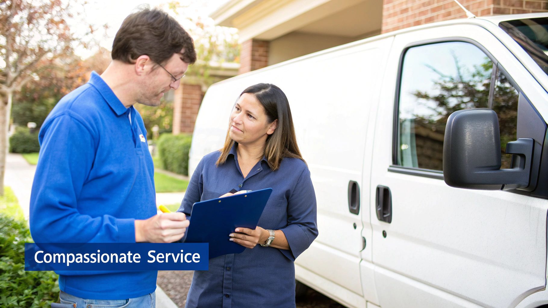 A service worker in blue uniform and a woman with a clipboard discuss work next to a white van.
