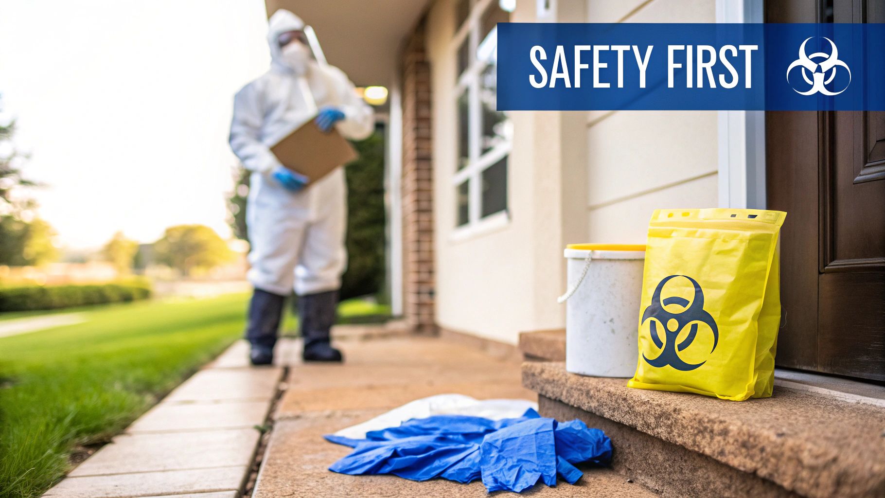 A person in a hazmat suit stands near biohazard waste bags and equipment, emphasizing safety protocols.