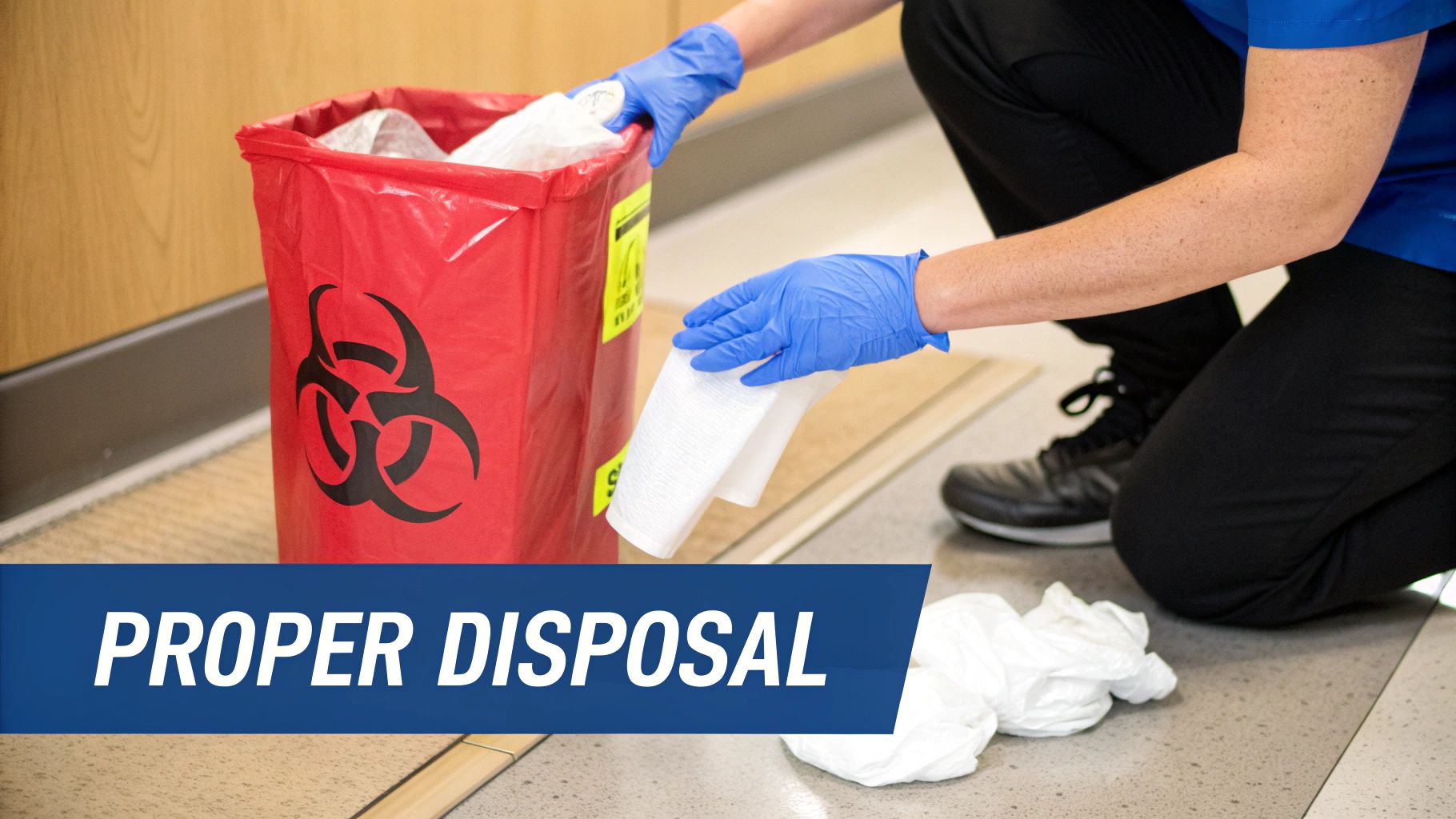 A person in blue gloves disposes of medical waste into a red biohazard bin.