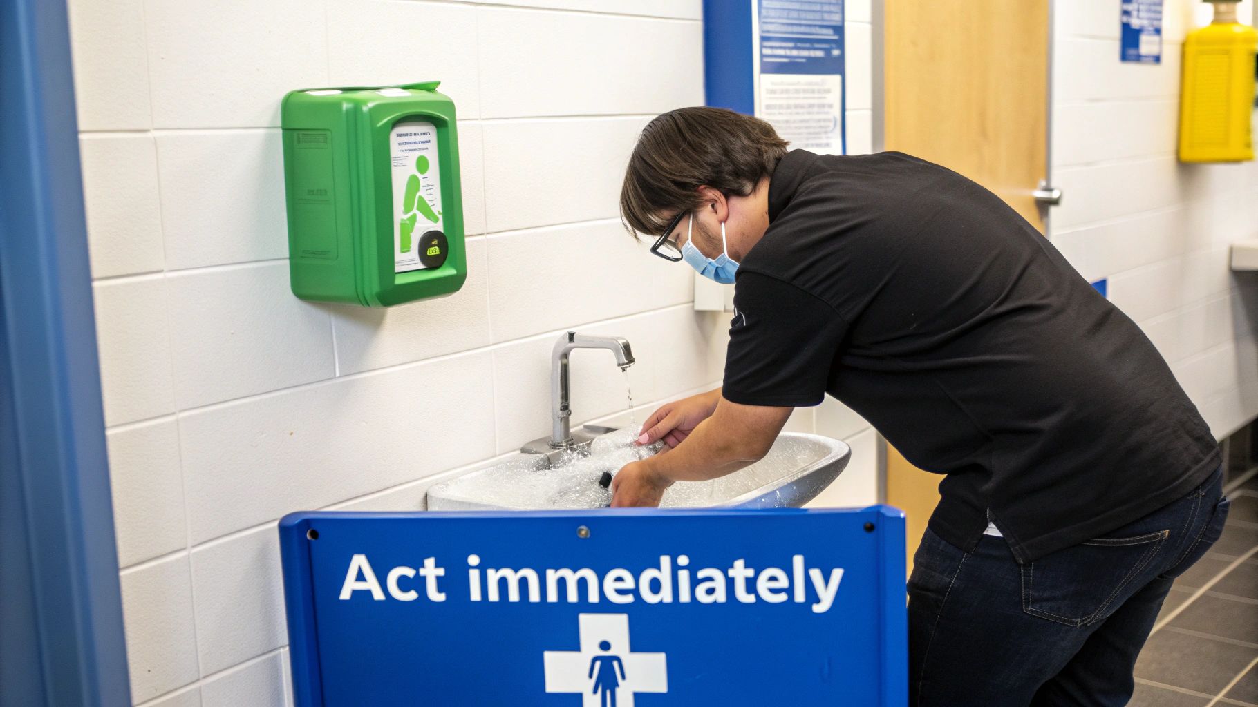 A person wearing a face mask and glasses washes their hands at a sink, next to a green emergency eyewash station.