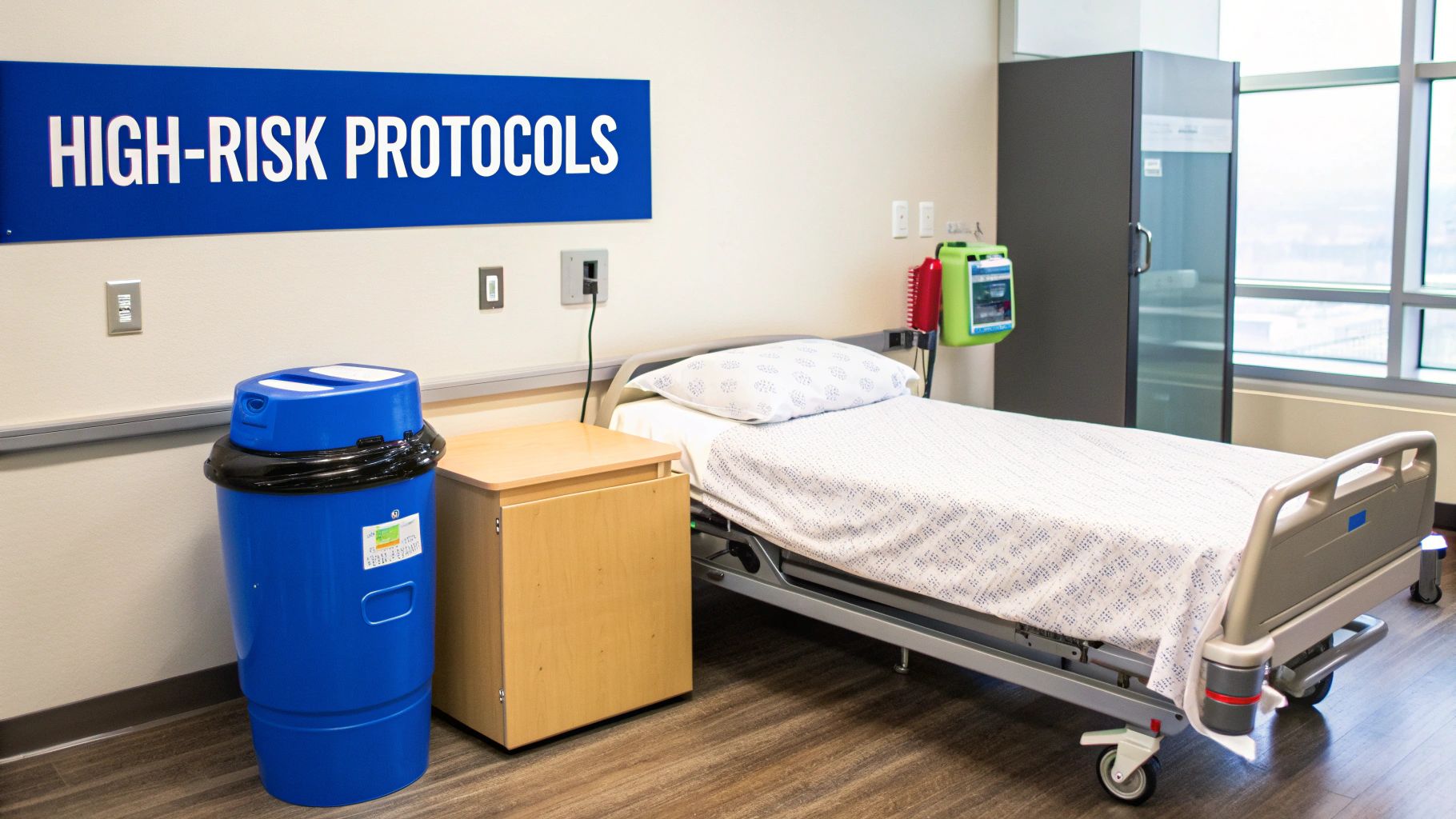 A hospital room with a 'HIGH-RISK PROTOCOLS' sign, a patient bed, and a blue biohazard bin.