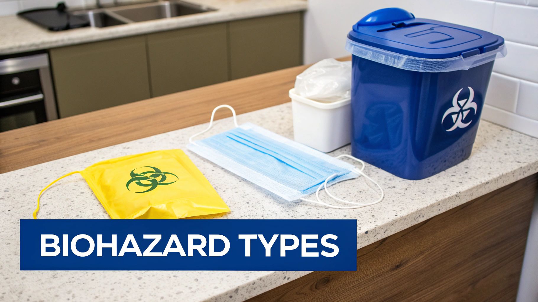 Various biohazard waste items including a yellow bag, a medical mask, and a sharps container on a counter.