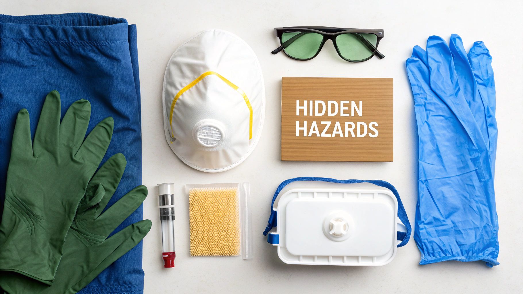 A flat lay of personal protective equipment including masks, gloves, safety glasses, and blue scrubs, next to a sign reading 'Hidden Hazards'.