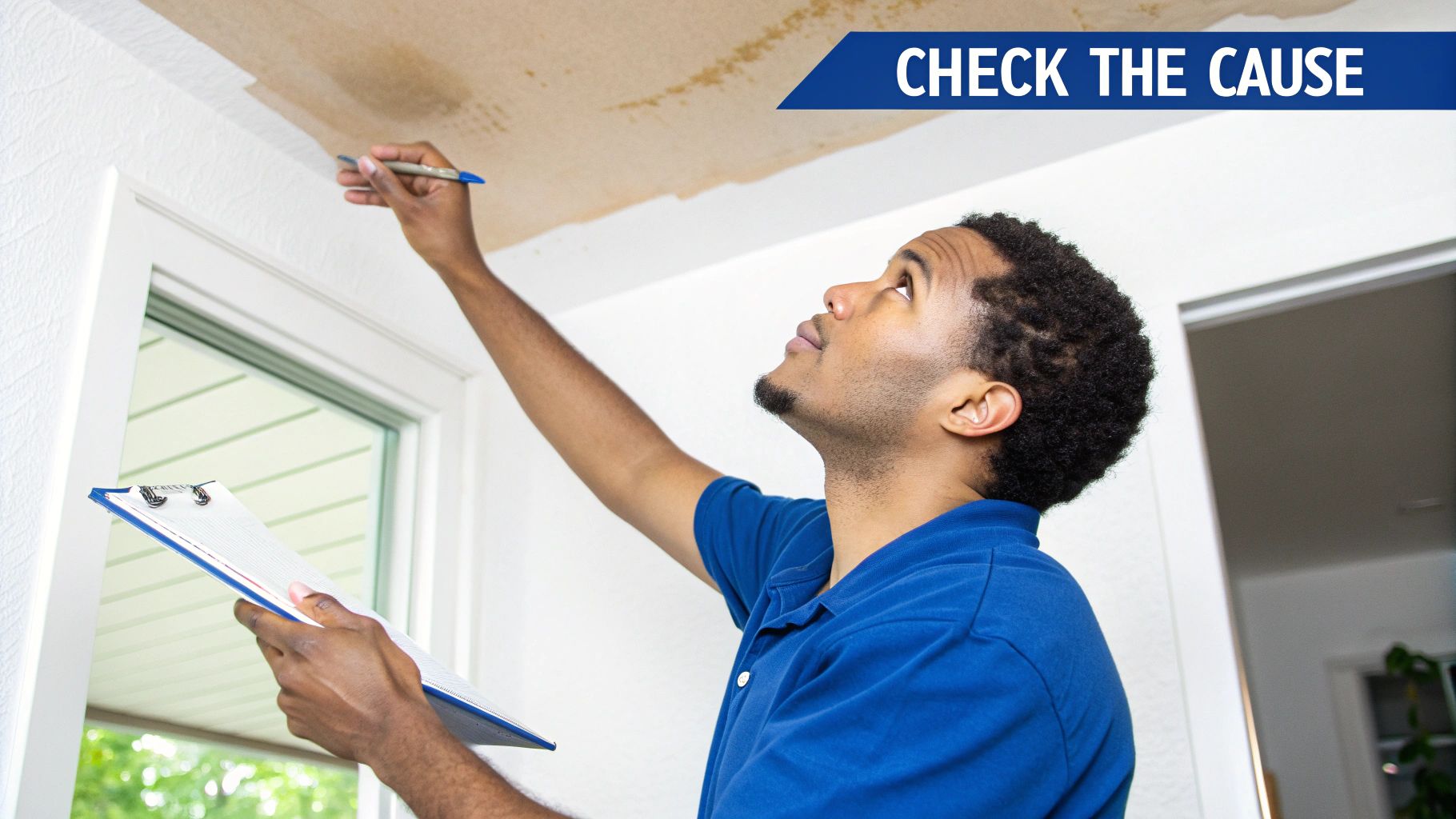 A man in a blue shirt inspects a stained ceiling with a pen, holding a clipboard.