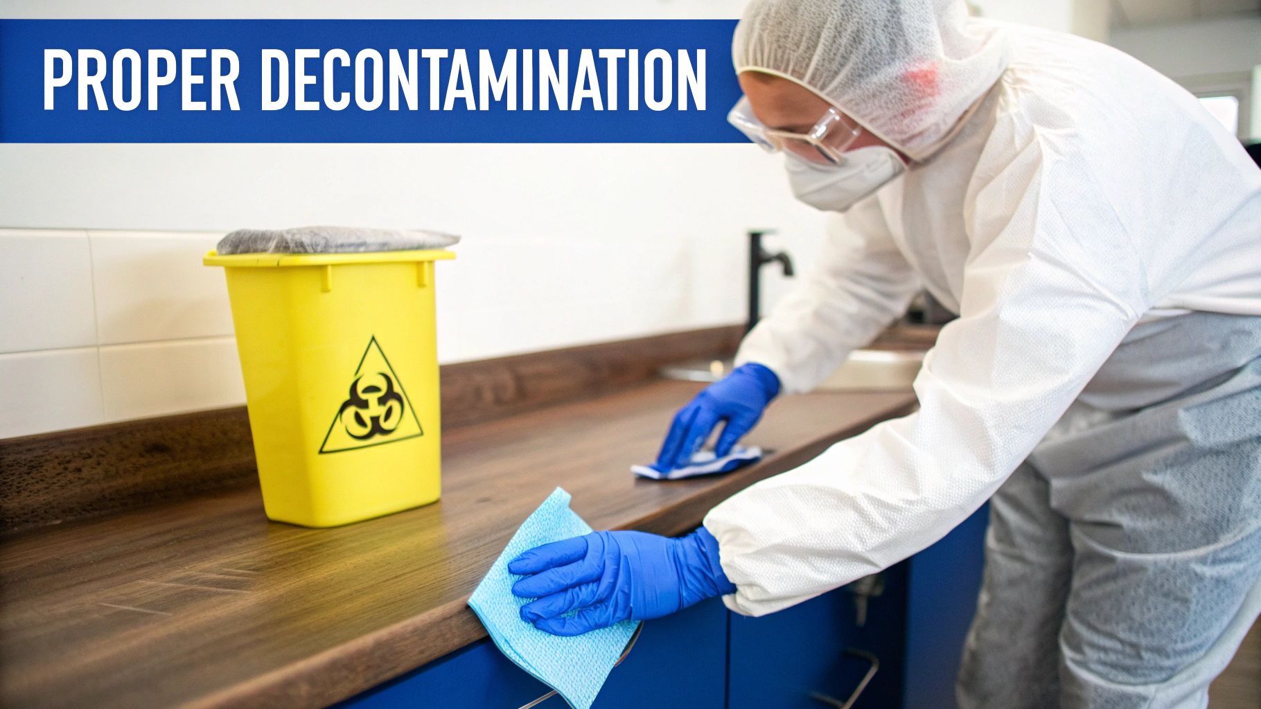 Person in full PPE cleaning a counter next to a yellow biohazard bin, illustrating proper decontamination.