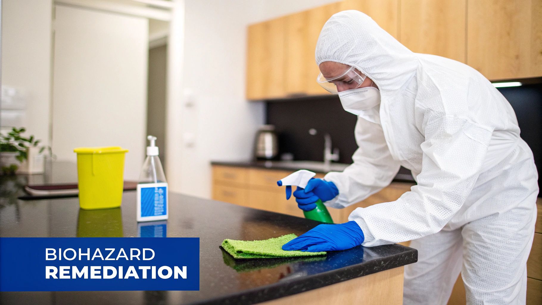 Professional in full PPE cleaning a kitchen counter during biohazard remediation.