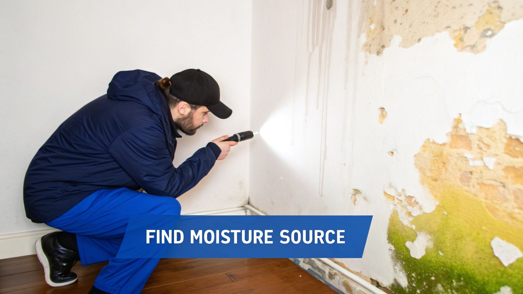 A man inspects a corner wall with a flashlight, revealing peeling paint, water damage, and green mold.
