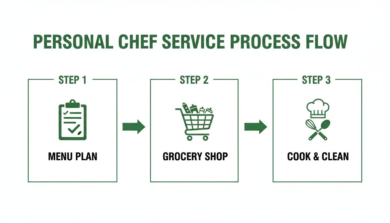 A personal chef service process flow outlining three steps: menu plan, grocery shop, and cook & clean.