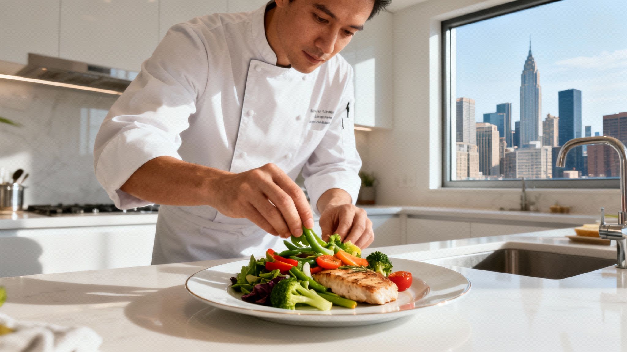 A professional chef carefully plates a healthy meal of grilled fish and fresh vegetables in a bright kitchen with a city view.