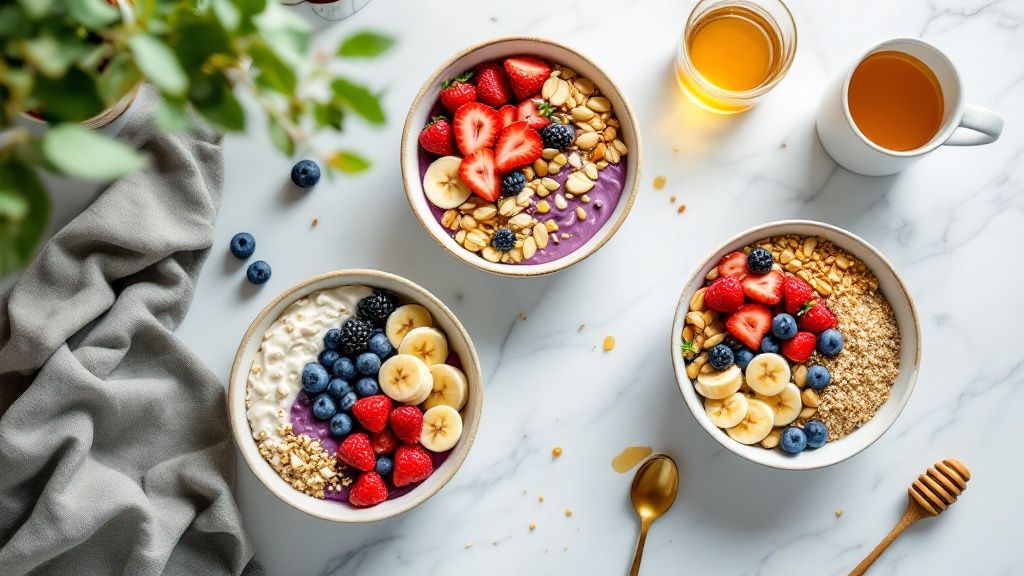 Healthy breakfast bowl station featuring three colorful bowls with yogurt, fruits, granola, and nuts, accompanied by a cup of tea and honey, on a marble countertop.