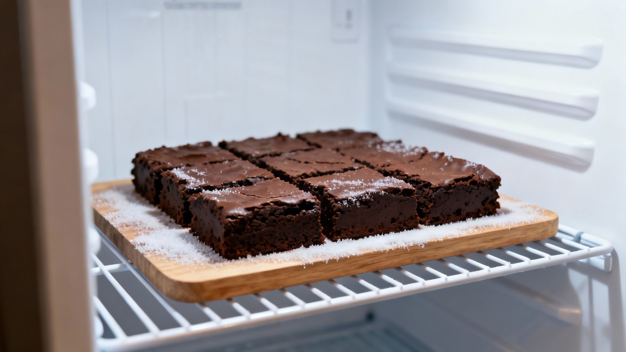 A tray of freshly baked brownies cut into squares, ready for storage.