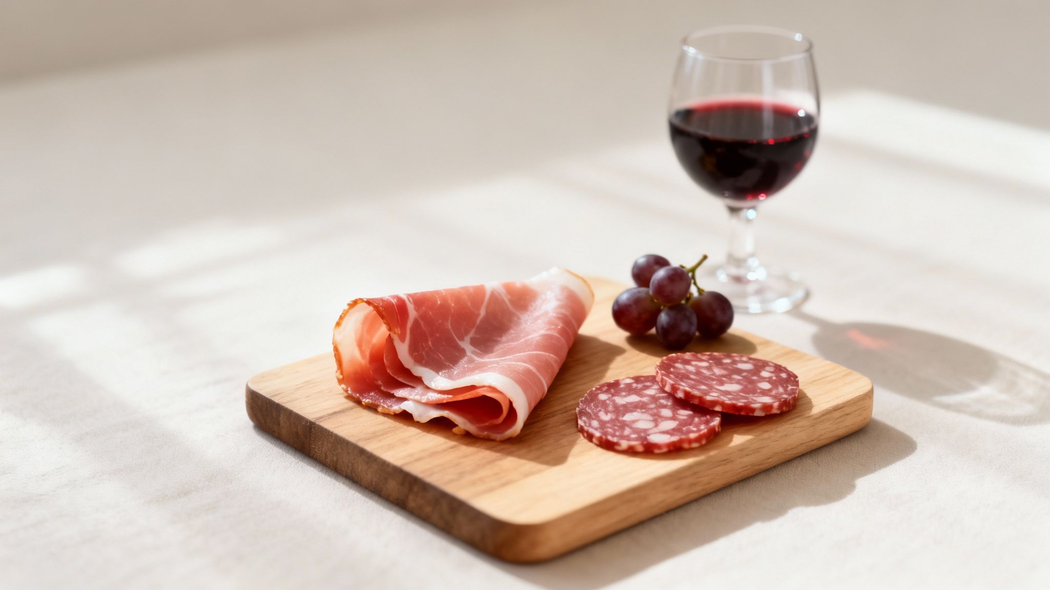 A wooden board with prosciutto, salami slices, and red grapes, served with a glass of red wine.