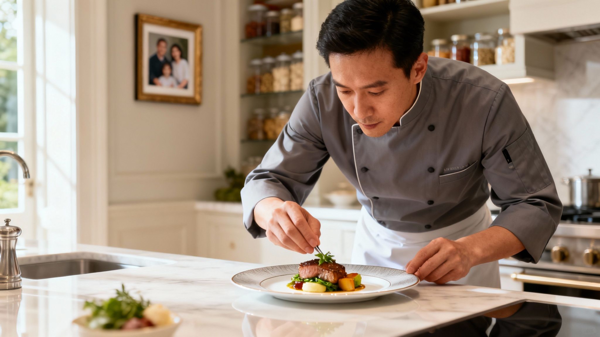 A chef meticulously plates a gourmet meal, garnishing a steak with tweezers in a luxurious kitchen.