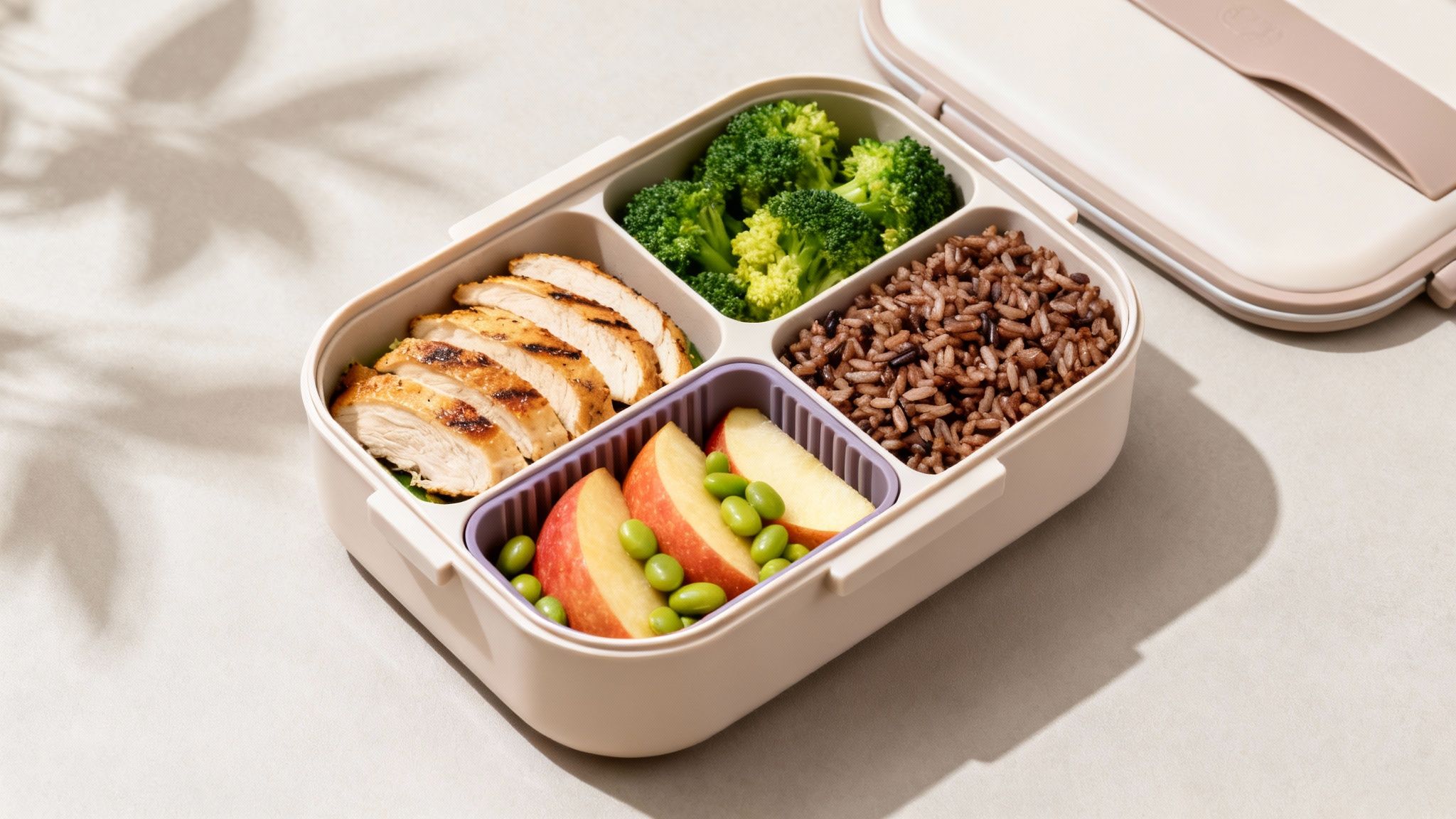 Healthy bento box lunch with grilled chicken, steamed broccoli, brown rice, apple slices and edamame