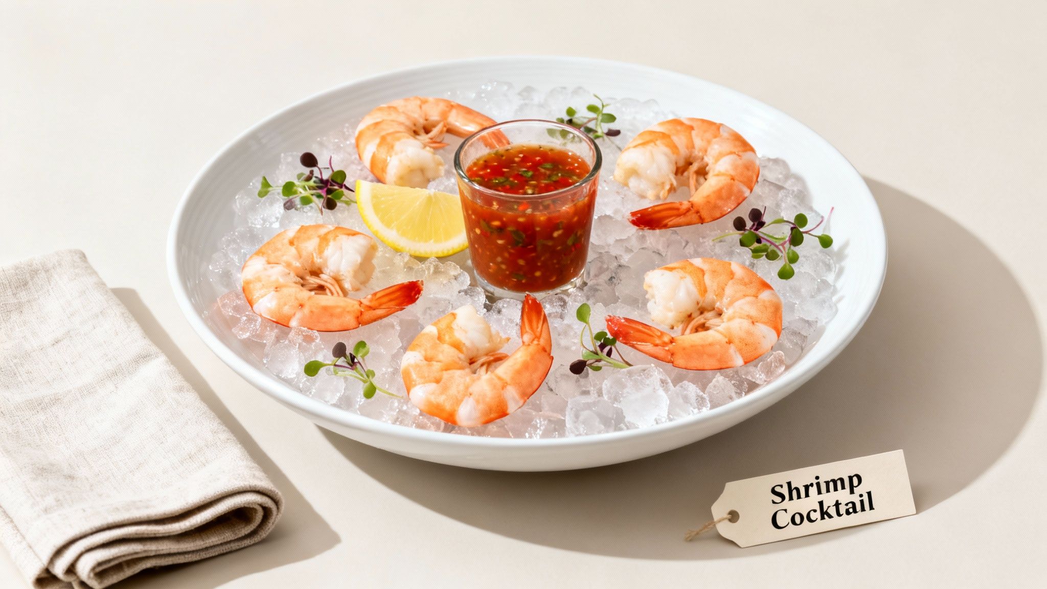 A white plate holds five cooked shrimp on ice with a spicy cocktail sauce, lemon, and microgreens.