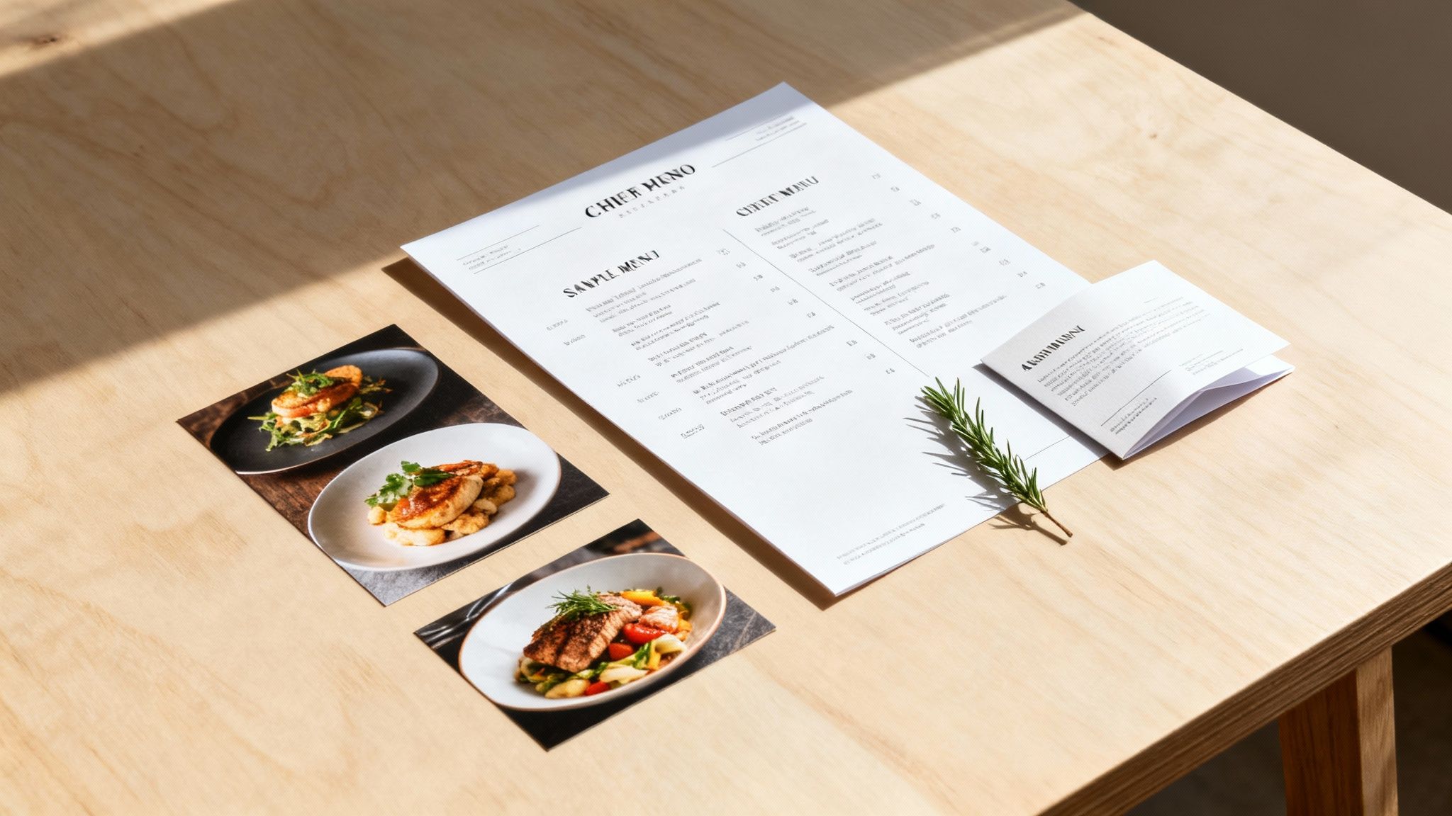 Professional restaurant or private chef branding materials on a wooden table with food photos and a menu.