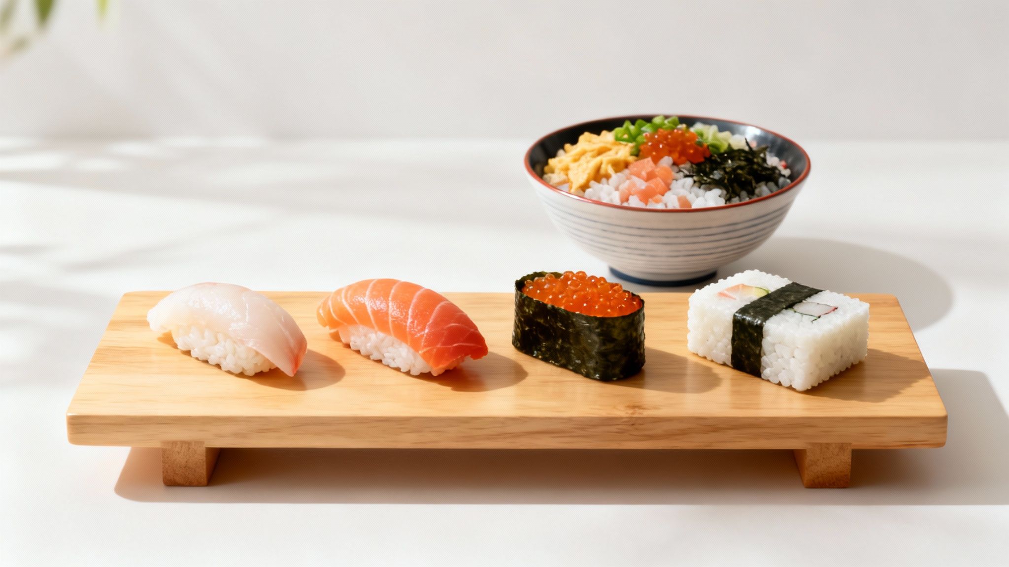Several different types of authentic Japanese sushi arranged neatly on a platter.