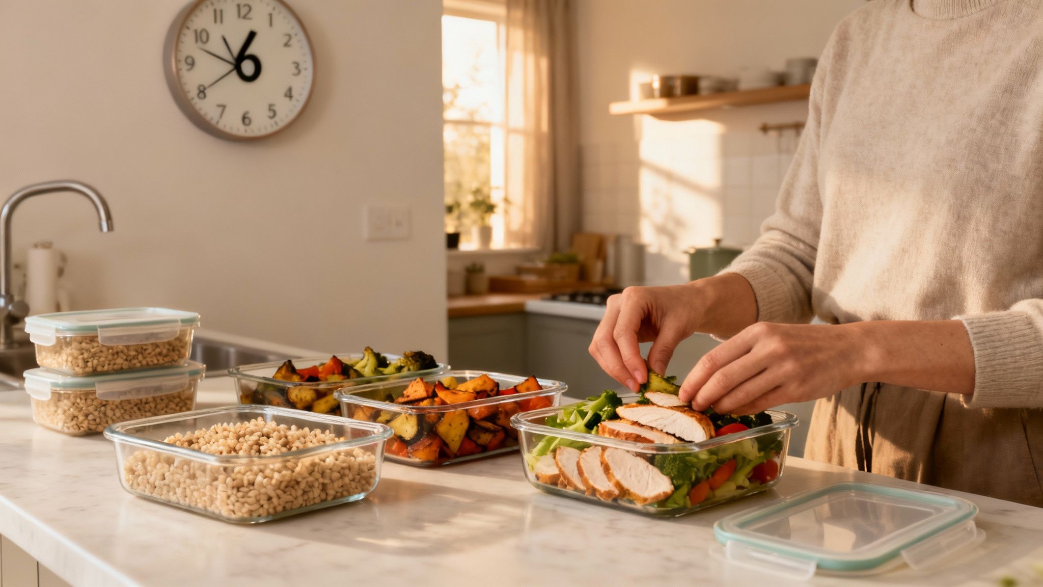 Person preparing healthy meal prep containers with chicken salad and roasted vegetables in modern kitchen