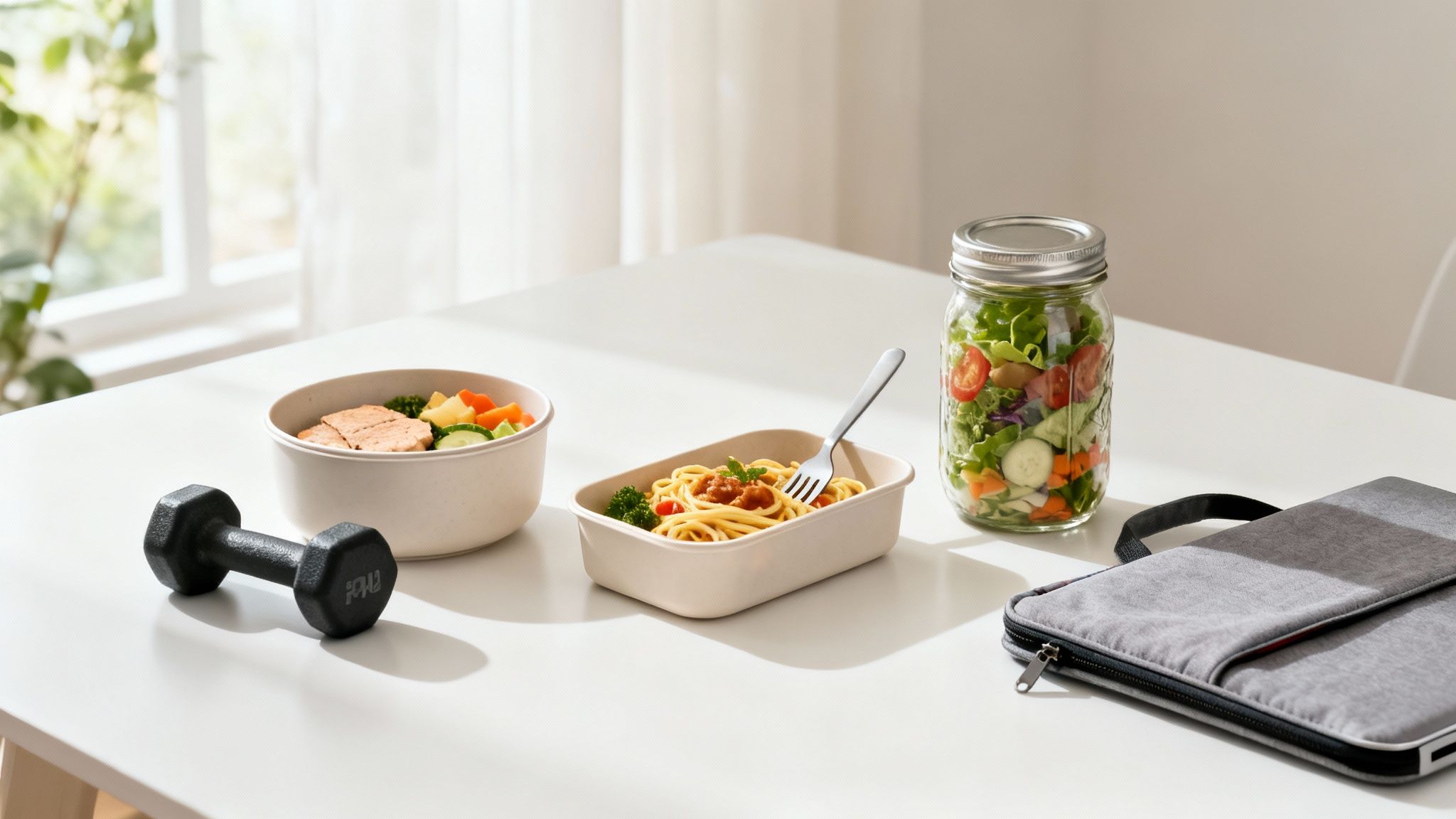 A white table featuring healthy meal prep containers, a dumbbell, and a laptop sleeve.