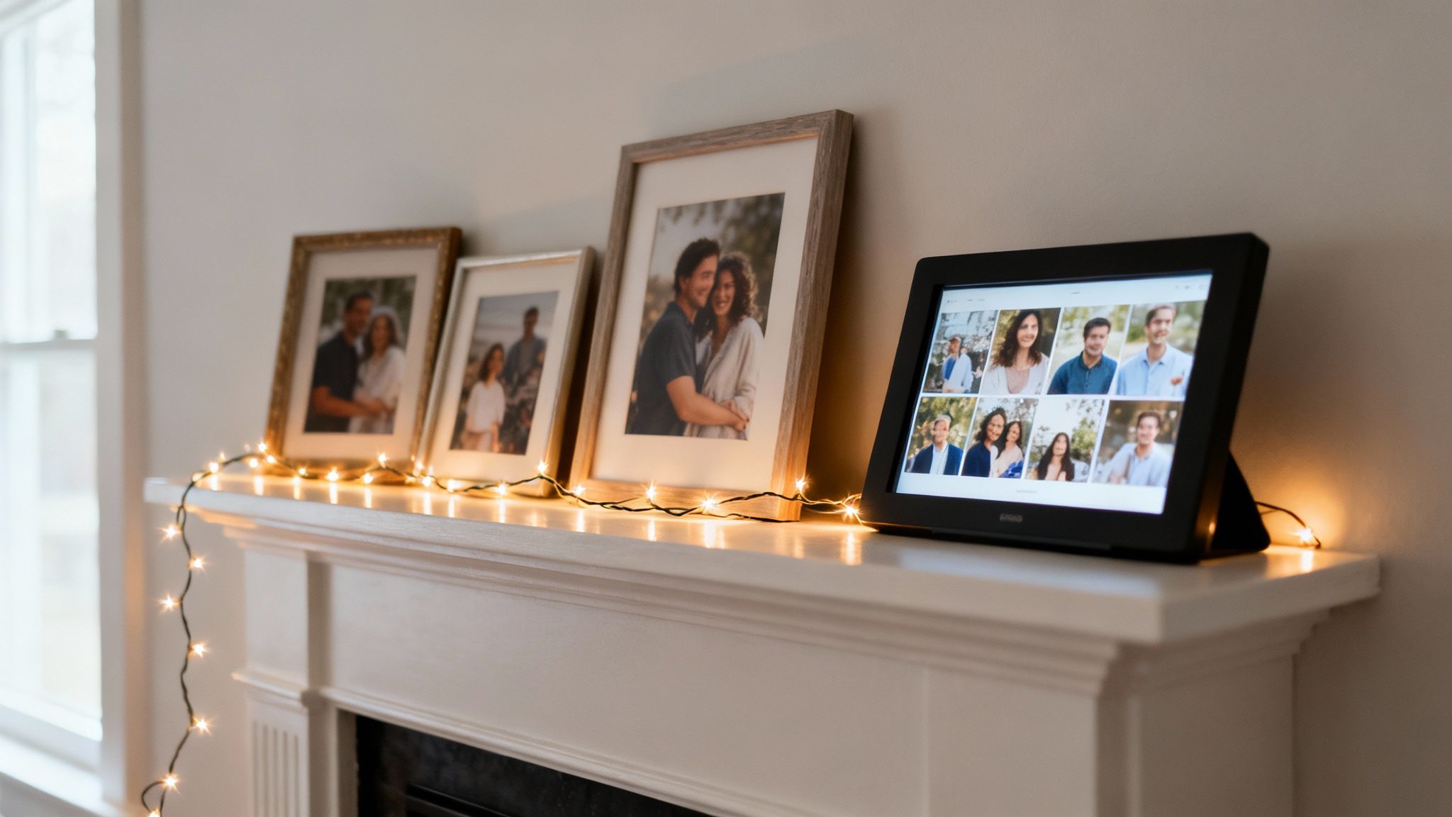 A cozy mantelpiece decorated with framed family photos, a digital picture frame, and warm string lights.
