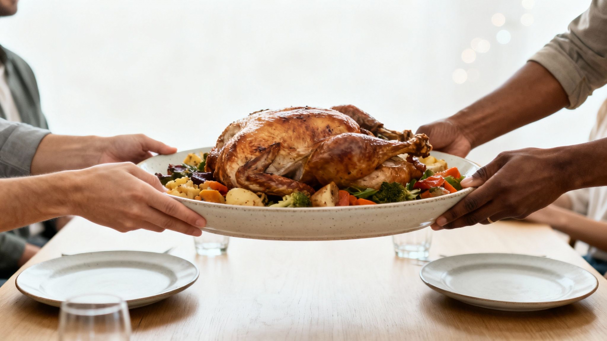 Two people's hands serving a delicious roasted chicken and vegetables on a platter at a dining table.