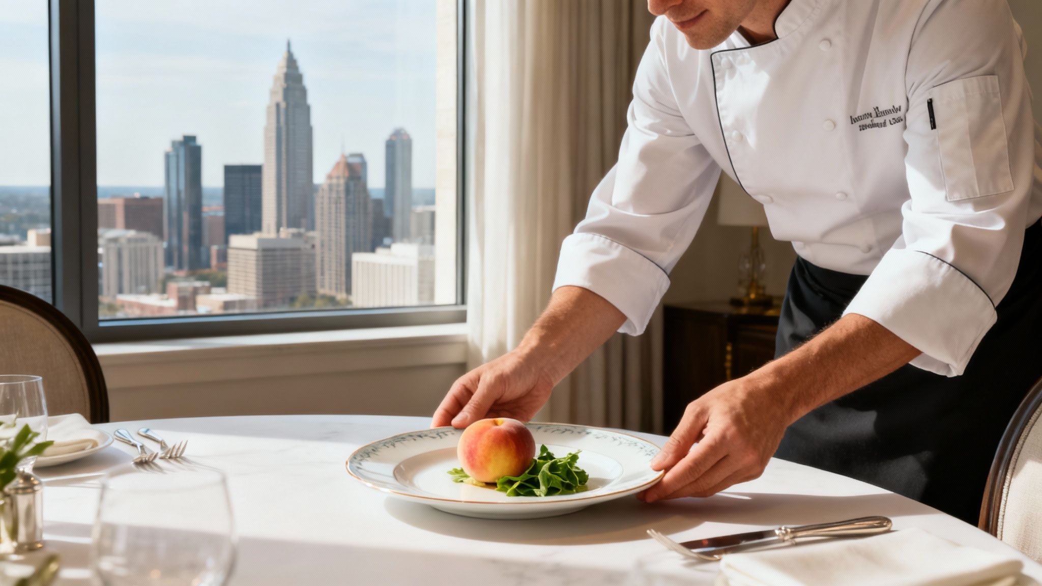 Professional chef in white uniform plating gourmet dish with peach in luxury dining room