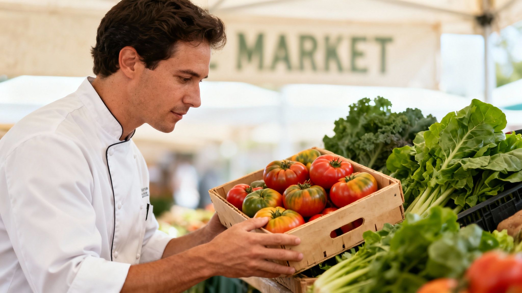 A chef in a white coat inspects colorful heirloom tomatoes at a vibrant farmers market.