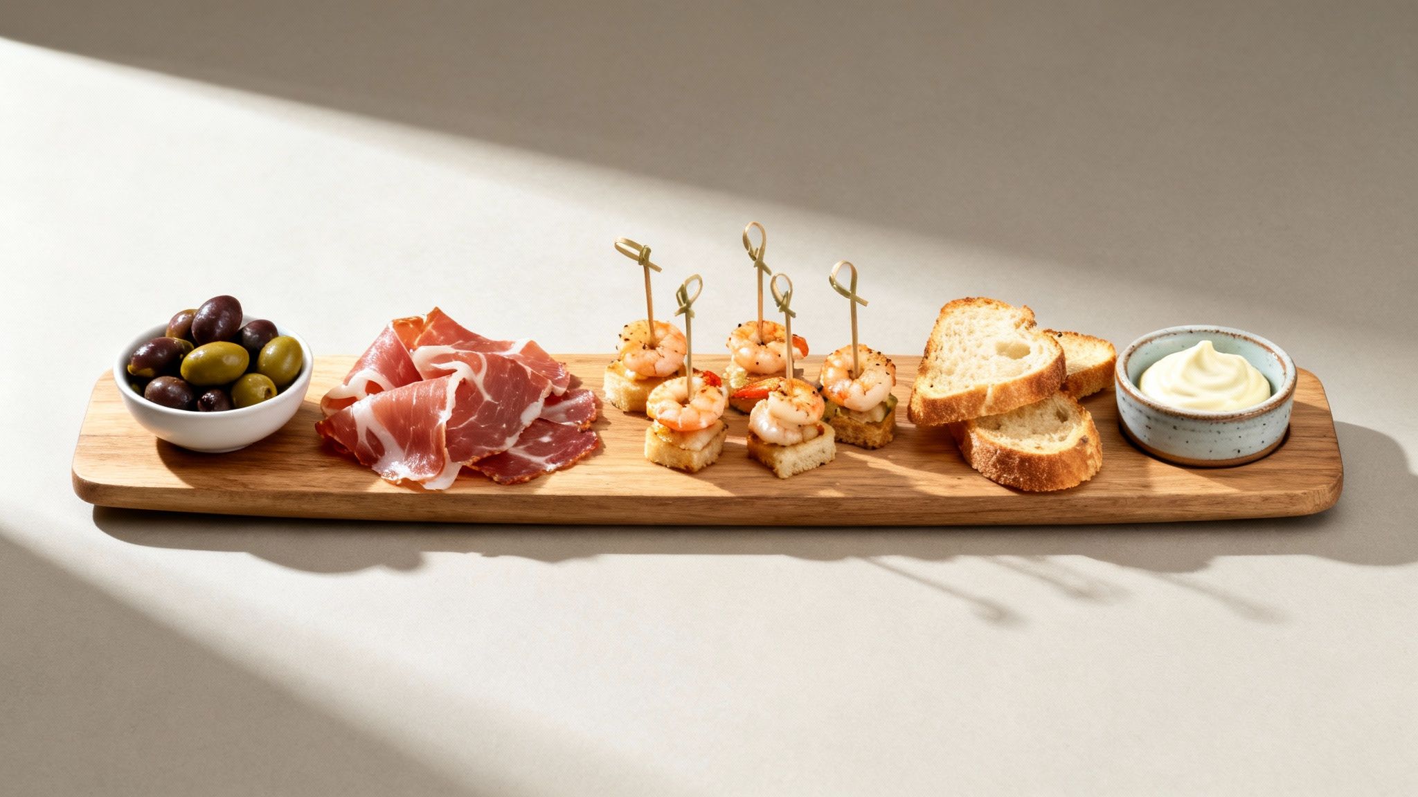 Delicious Christmas party appetizers: shrimp skewers, prosciutto, olives, toasted bread, and creamy dip.