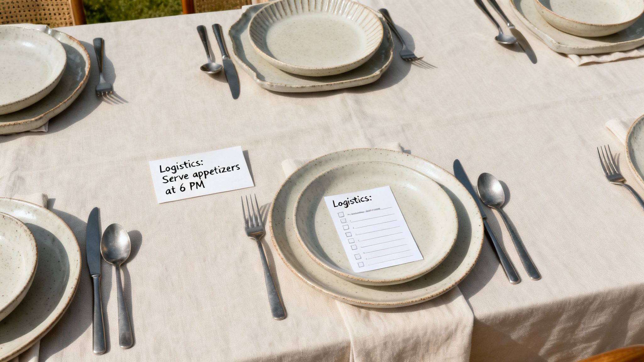 A dining table beautifully set with plates, cutlery, and two logistics notes on place settings for an event.