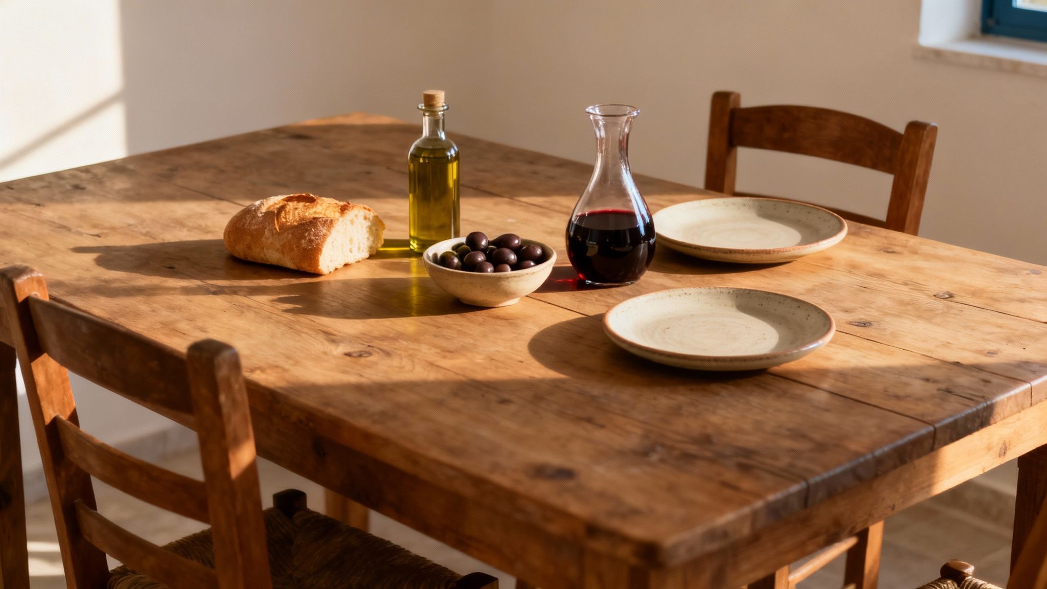 A vibrant spread of Greek meze dishes including olives, feta cheese, and fresh vegetables on a rustic wooden table.