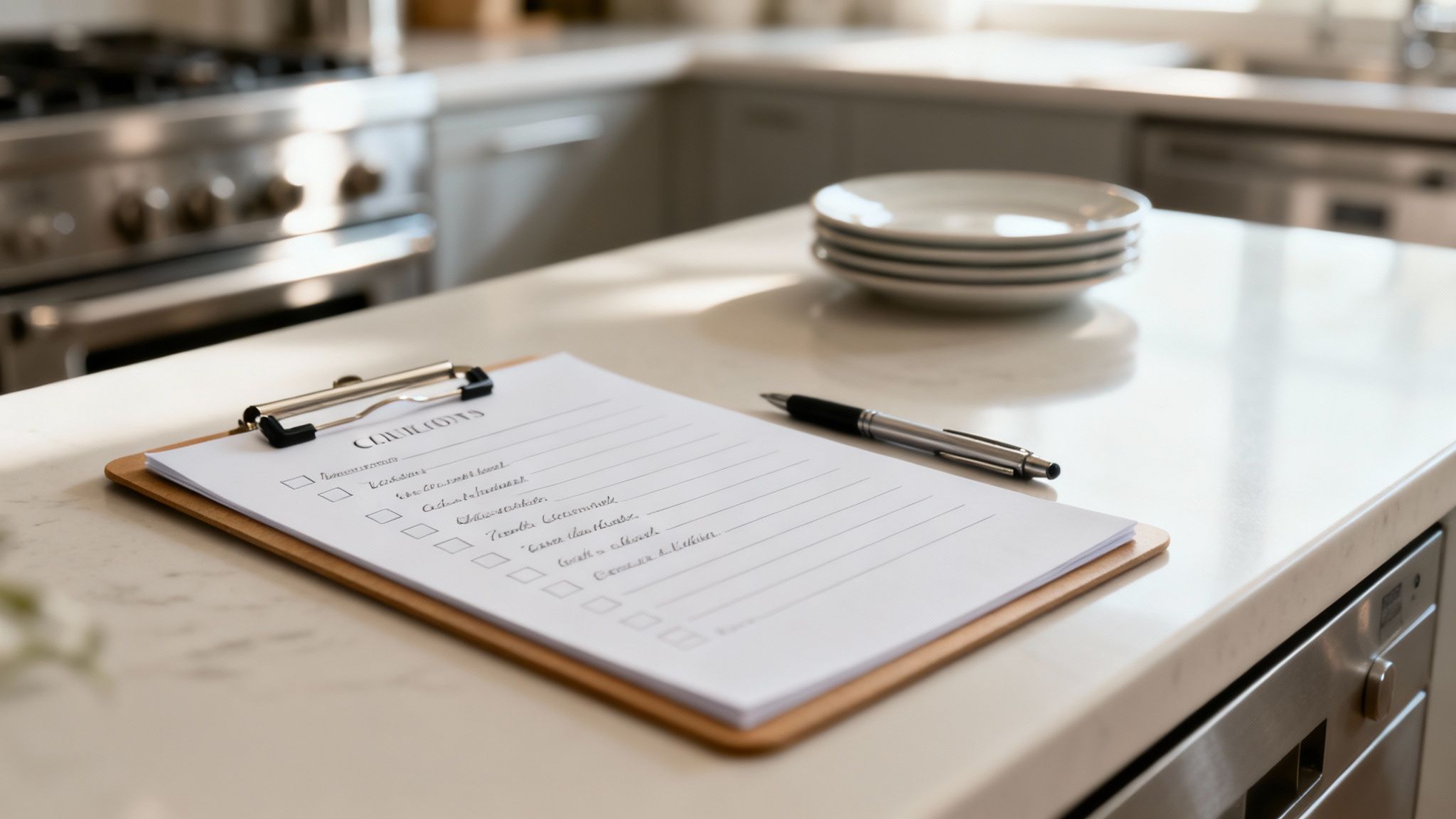 A checklist on a clipboard with a pen on a modern kitchen counter with plates.