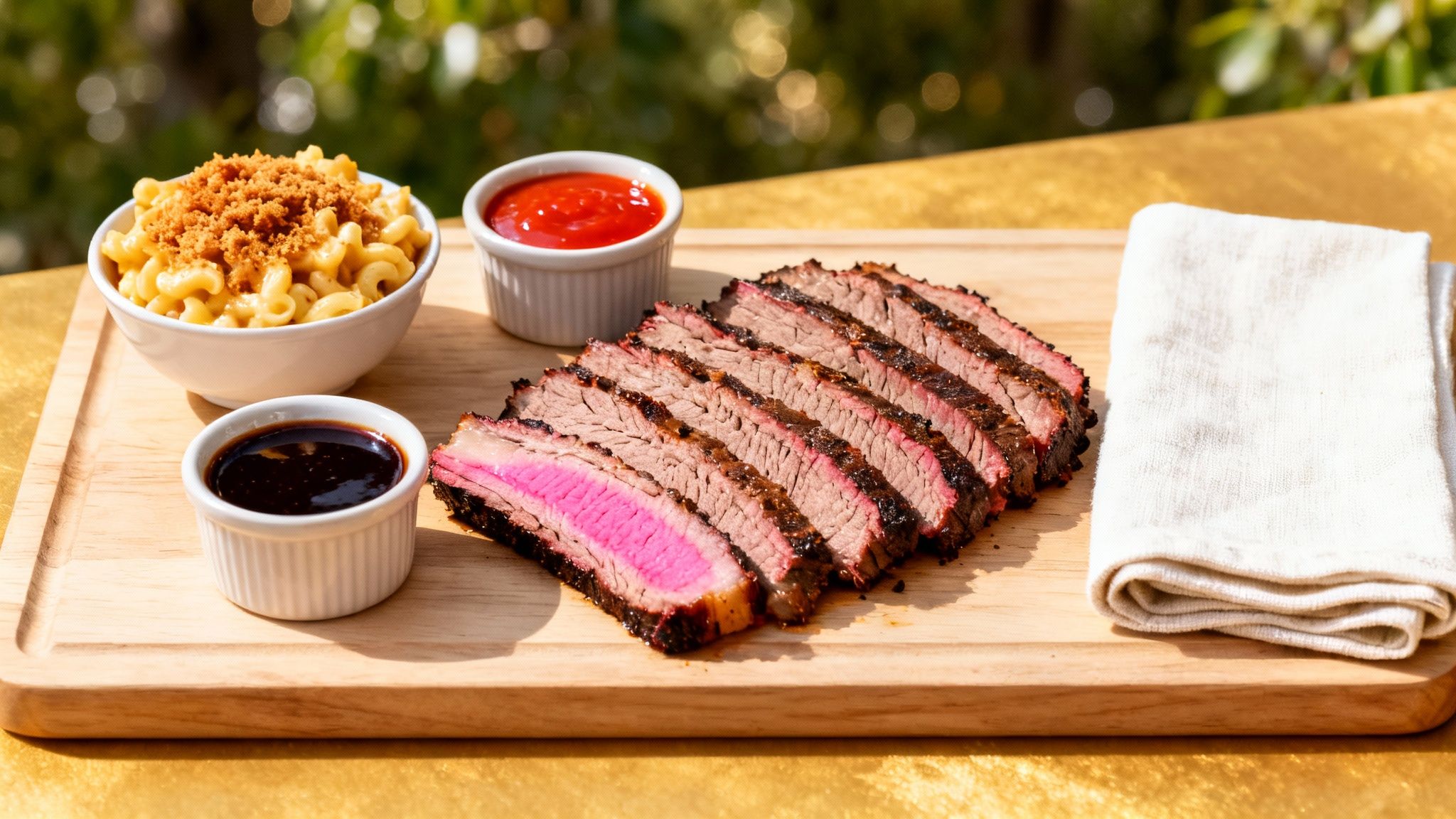 Juicy sliced brisket, creamy mac and cheese, and sauces on a wooden board.