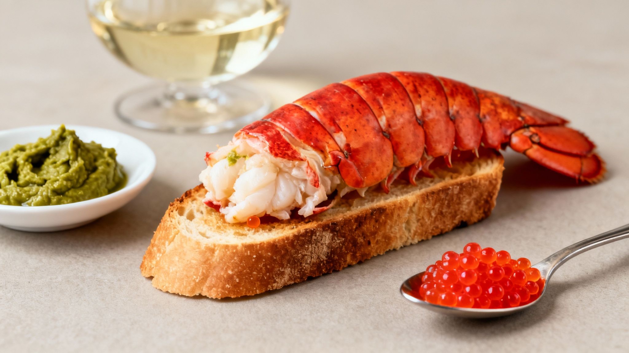 Cooked lobster tail on toasted bread, garnished with red caviar, served with green sauce and white wine.