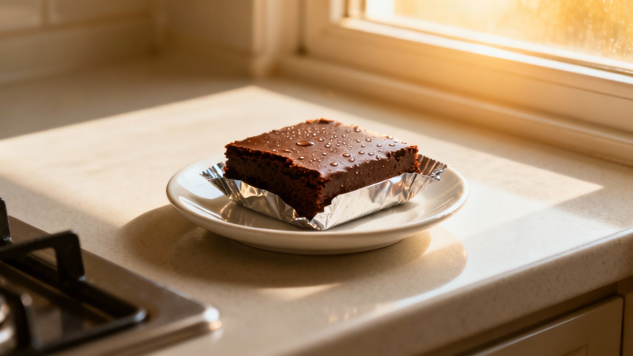 A perfectly thawed brownie on a plate, looking moist and ready to eat.